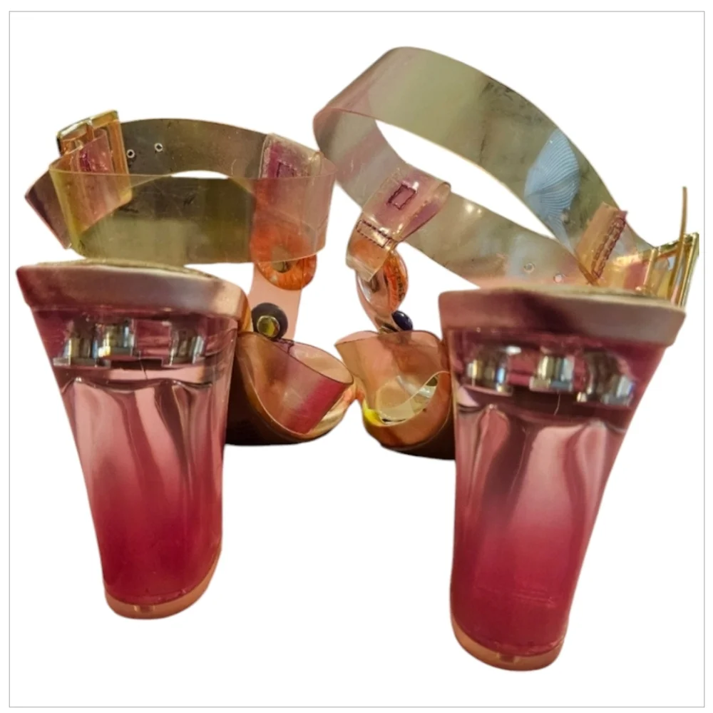 Betsey Johnson Lennie Pink Multi Floral Clear Block Heel 6